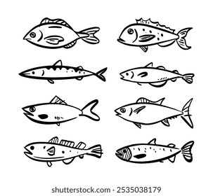 Subaquático mundo vida mar oceano ícone peixe set. Coleção de esboços de peixes. Ilustração de vetor desenhada à mão.