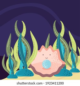 underwater world sea shell with shiny round pearl vector cartoon illustration