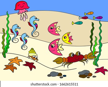 The underwater world, the seabed with its inhabitants. Cartoon vector illustration, color