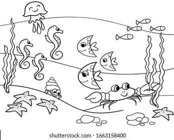 The underwater world, the seabed with its inhabitants. Cartoon vector illustration, coloring