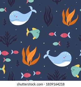 Underwater world seamless pattern. Coral reef with jellyfish,  fish, plant, seashell and starfish. Fairytale kid textile, wrapping paper, background. Vector illustration.