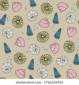 underwater world seamless pattern. Cute marine background with shells. doodle style, hand-drawing. children's design, packaging. fabric, wrapper.