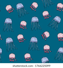 underwater world seamless pattern. Cute marine background with  jellyfish. doodle style, hand-drawing. children's design, packaging. fabric, wrapper.