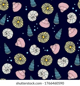 underwater world seamless pattern. Cute marine background with shells.Doodle style, hand-drawing. children's design, packaging. fabric, wrapper.