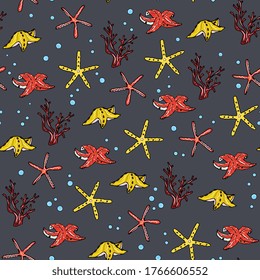 underwater world seamless pattern. Cute marine background with  starfish. Doodle style, hand-drawing. children's design, packaging. fabric, wrapper.