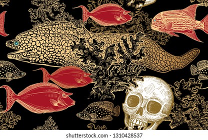 Underwater world. Seamless pattern design. Coral decorative fish, corals and human skull. Illustration of seabed. Ocean floor. Vector. Vintage engraving. Black, red, white & gold foil. Sketch