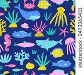 Underwater world seamless pattern. Funny fish, plants and marine life. Childish print for clothes, textile, wallpaper, baby shower. 