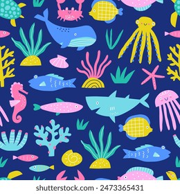 Underwater world seamless pattern. Funny fish, plants and marine life. Childish print for clothes, textile, wallpaper, baby shower. 