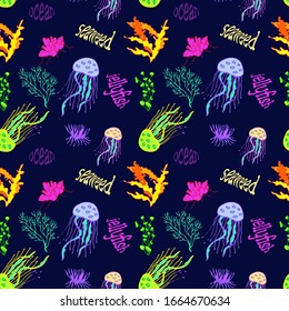 Underwater world seamless pattern: jellyfish and corals, algae. Use for backgrounds, prints on fabric, paper, etc.