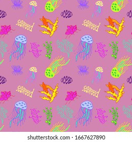 Underwater world seamless pattern: jellyfish and corals, algae. Use for backgrounds, prints on fabric, paper, etc.