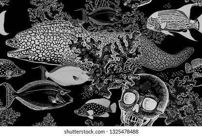 Underwater world. Seamless pattern kitchen design. Coral decorative fish, corals and human skull. Illustration of seabed. Ocean floor. Vector. Vintage engraving. Black and white. Hand Sketch