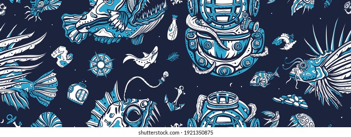 Underwater World Seamless Pattern. Life Of Ocean Background. Old School Tattoo Style. Deep Water Diving. Scuba Diver Helmet, Octopus Kraken Tentacles. Sea Monsters. Angler Fish, Lionfish, Jellyfish 