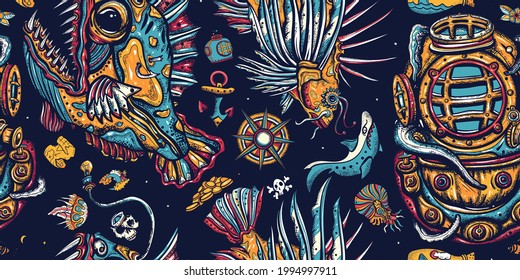 Underwater world seamless pattern. Life of ocean background. Old school tattoo style. Deep water diving. Scuba diver helmet. Sea monsters. Angler fish, lionfish, jellyfish. Diving background 