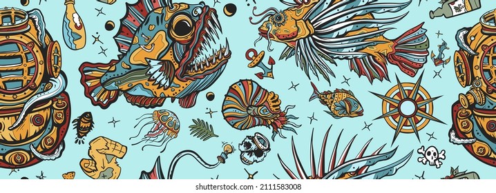 Underwater world seamless pattern. Life of ocean background. Diving art. Angler fish, lionfish, jellyfish. Old school tattoo style. Deep water. Scuba diver helmet. Sea monsters 
