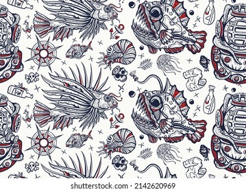 Underwater World Seamless Pattern. Life Of Ocean Background. Diving Art. Angler Fish, Lionfish, Jellyfish. Old School Tattoo Style. Deep Water. Scuba Diver Helmet. Sea Monsters