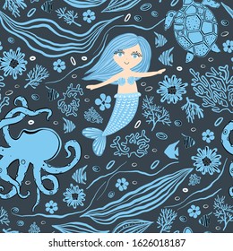 Underwater world seamless pattern. Mermaid, turtle. octopus, fish, sea wed, corals, flowers.