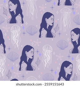 Underwater World Seamless Pattern with Mermaids, Sea Stars, Shells, and Jellyfish. Hand-Drawn Vector background