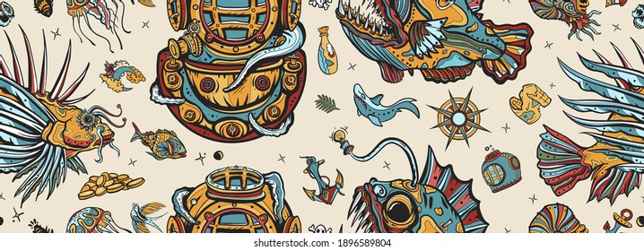 Underwater world seamless pattern. Old school tattoo style. Scuba diver helmet, octopus kraken  tentacles. Sea monsters. Angler fish, lionfish, jellyfish. Deep water diving. Life of ocean background 