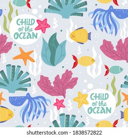 ¡Mundo submarino! Patrón sin foco. Habitantes del mundo submarino, flora y fauna. Textil de cuento de hadas, papel de envoltura, fondo. Ilustración de dibujos animados.