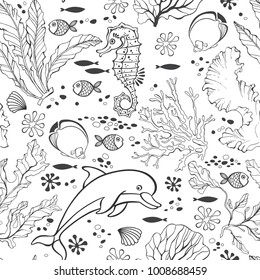 Underwater world. Seamless pattern with seahors, dolphin and  plants. Black and white vector illustration.