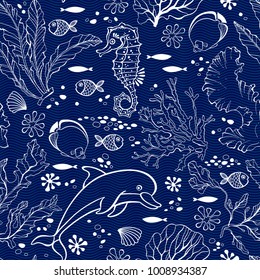 Underwater world. Seamless pattern with seahors, dolphin and  plants. Vector illustration.