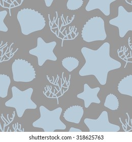 Underwater world seamless pattern. Silhouettes of marine life: starfish and Scallop and Corals on  grey background. Vector retro fabric ornament.