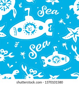 Underwater world seamless pattern. Submarine, lettering Sea word, crab, seaweed. Great print for textiles in blue background.