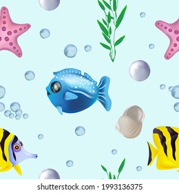 Mundo subacuático Patrón sin foco con peces tropicales, algas marinas, pez estrella, perla, concha. Ilustración vectorial.