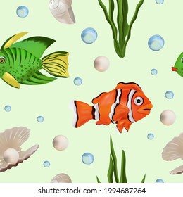 Underwater world Seamless pattern with Tropical fish, seaweed, pearl, shell. Cartoon character. Vector illustration. 