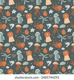 Underwater world seamless pattern. A variety of stylized sea life including jellyfish, fish, starfish, seashells with coral, and sea plants. Vector hand drawn illustration.