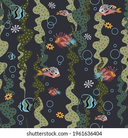 underwater world. seamless pattern. vector background with fish and algae