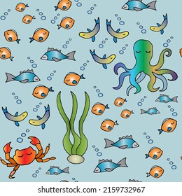 Underwater world seamless vector background for creating prints, fabrics, textiles, flyers, digital paper, etc. Fish, octopus, crab seamless blue pattern.