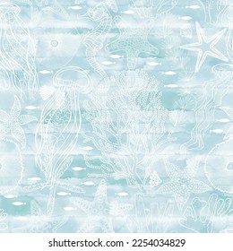 Underwater world. Seamless vector pattern on a blue watercolor background. Perfect for design templates, wallpaper, wrapping, fabric and textile.