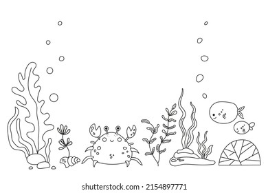 Underwater World With Seaweed, Crab, Fish In Sea Or Ocean. Undersea Background With Place For Text. Sketch Style Seabed Landscape With Marine Flora And Fauna. Hand Drawn Vector Illustration