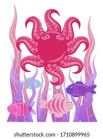 Underwater world - seaweed, fish and octopus. Cartoon funny style, isolated vector.
