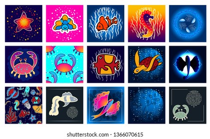 Underwater world - a set of cliparts,   patterns, banners. Residents of the seas and oceans. Design for decoration of advertising. Fish, star, crab, turtle, seahorse. Vector illustration.