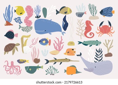 Underwater world is a set of elements isolated on a white background. Hand-drawn illustration.