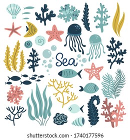 underwater world set of elements, sea ocean, cute mollusks, coral medusa plants and fish, vector illustration