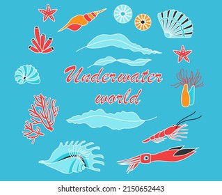 Underwater world set of elements shells, fish, coral, shrimp, anemone, see plants, squid. Sea life elements. Vector