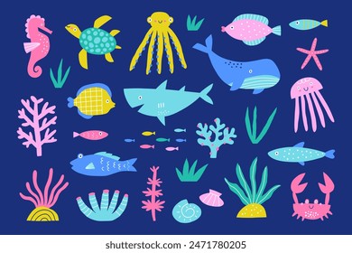 Underwater world set with fish, crab, octopus, whales, seashells, shark, aquatic plants. Vector illustration