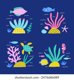 Underwater world set with fish, crab, octopus, whales, seashells, shark, aquatic plants. Vector illustration