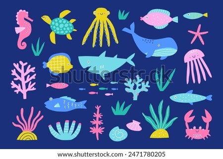 Underwater world set with fish, crab, octopus, whales, seashells, shark, aquatic plants. Vector illustration