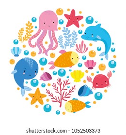 underwater world set with fish, dolphin, crab, seaweed, coral, starfish, seashells. ocean for children. cute fish for children