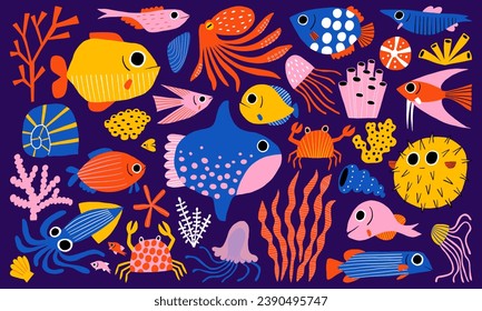 Mundo submarino con peces, calamares, cangrejos y otros animales marinos. Criaturas oceánicas estilizadas a mano plana - conchas de conchas, pez estrella, medusas. Caracteres de arrecife de coral quirky en la colección de grandes vectores.