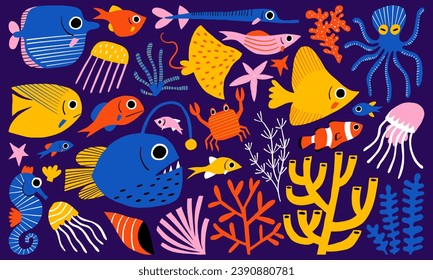 Premium Vector  Cute kids scandinavian seamless pattern with funny sea  creatures fish crab coral and star cartoon illustration with doodles for  baby shower nursery decor children's design