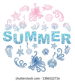 Underwater world set: the inscription summer, shells, starfish, seaweed, octopus. Stylized vector illustration of ornament. Clip art for your decor and design. Image in blue and pink colors.