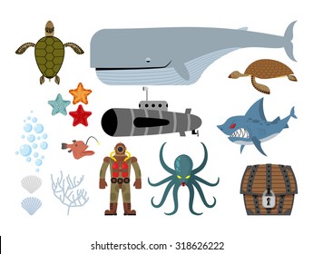 Underwater world set. Keith and submarine, shark and terrible Octopus. Sea turtle and pirates treasure chest. Starfish, scallop and corals. Old diver diving suit. Vector illustration ocean dwellers.