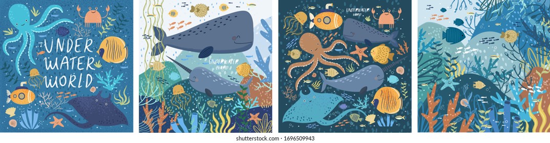 Underwater world! Set posters ocean or sea with various fish, octopus, crab, submarine, stingray, whale, narwhal, sea shells, starfish, seaweed, water plant. Vector illustration banner, card, postcard