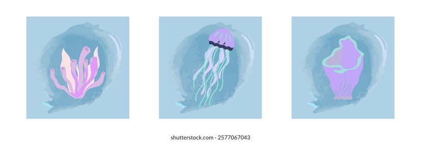 Underwater world. Set posters ocean or sea. Vector illustration banner, card, postcard