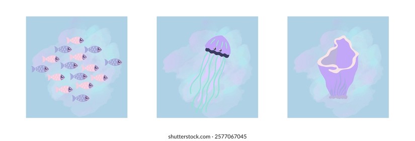 Underwater world. Set posters ocean or sea. Vector illustration banner, card, postcard